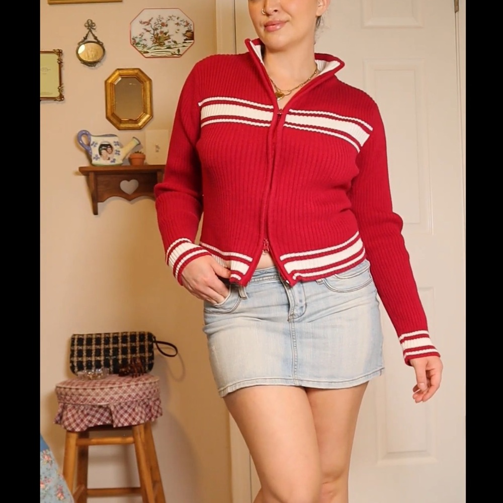 Striped red double zipper collared cropped ribbed cardigan jacket